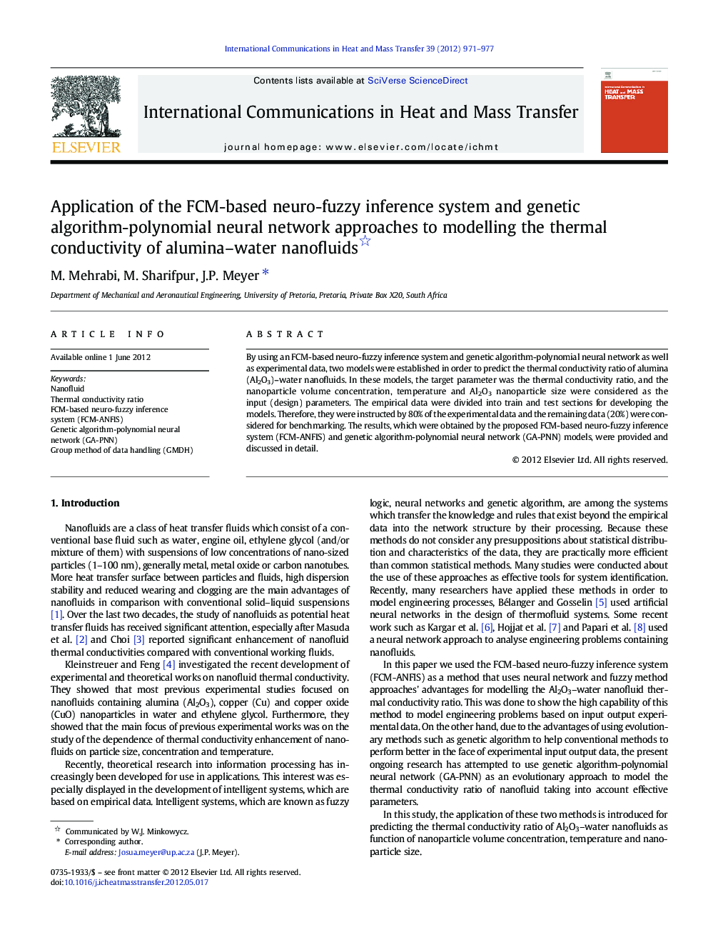 Application of the FCM-based neuro-fuzzy inference system and genetic algorithm-polynomial neural network approaches to modelling the thermal conductivity of alumina–water nanofluids 