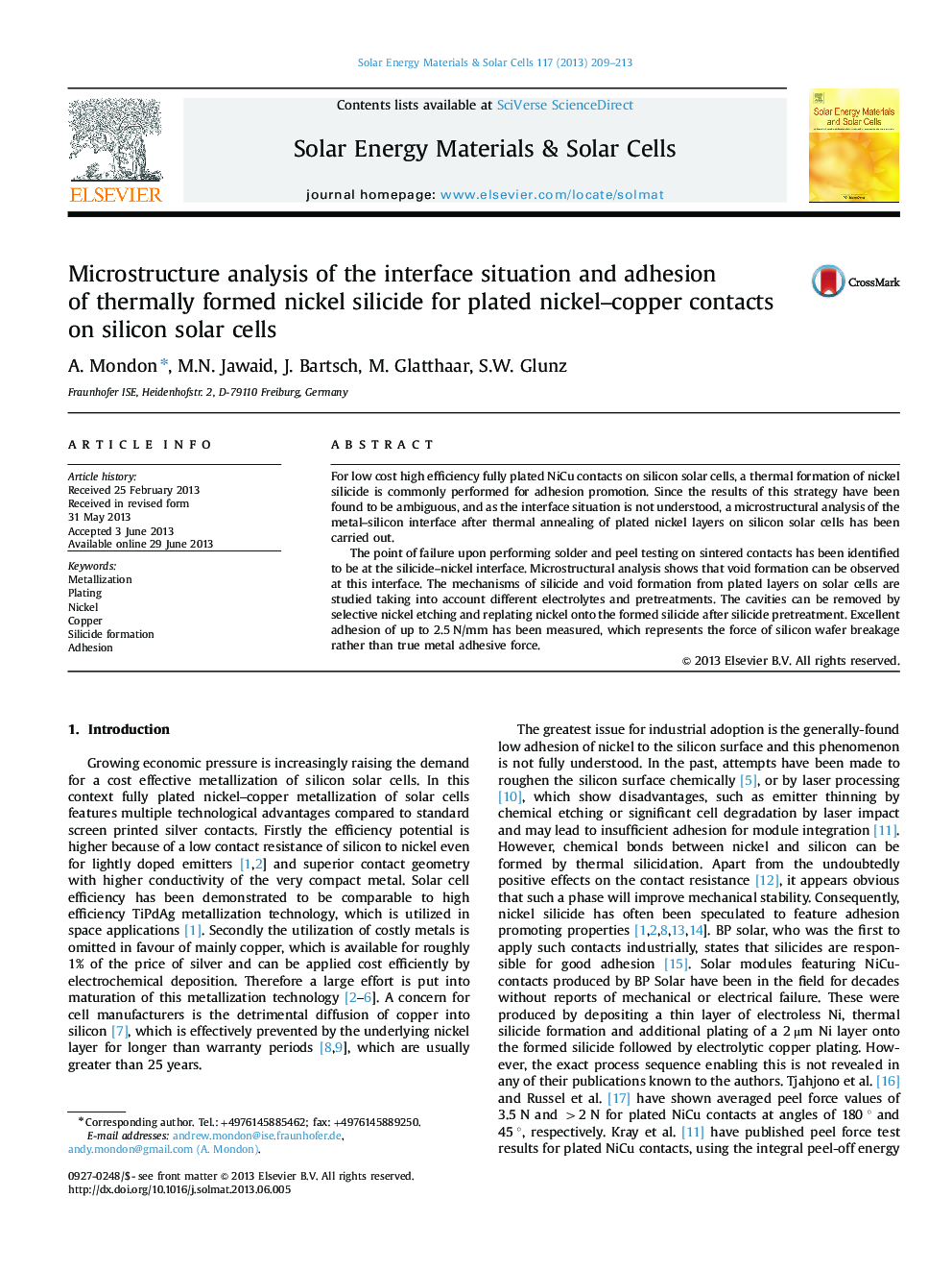 Microstructure analysis of the interface situation and adhesion of thermally formed nickel silicide for plated nickel-copper contacts on silicon solar cells