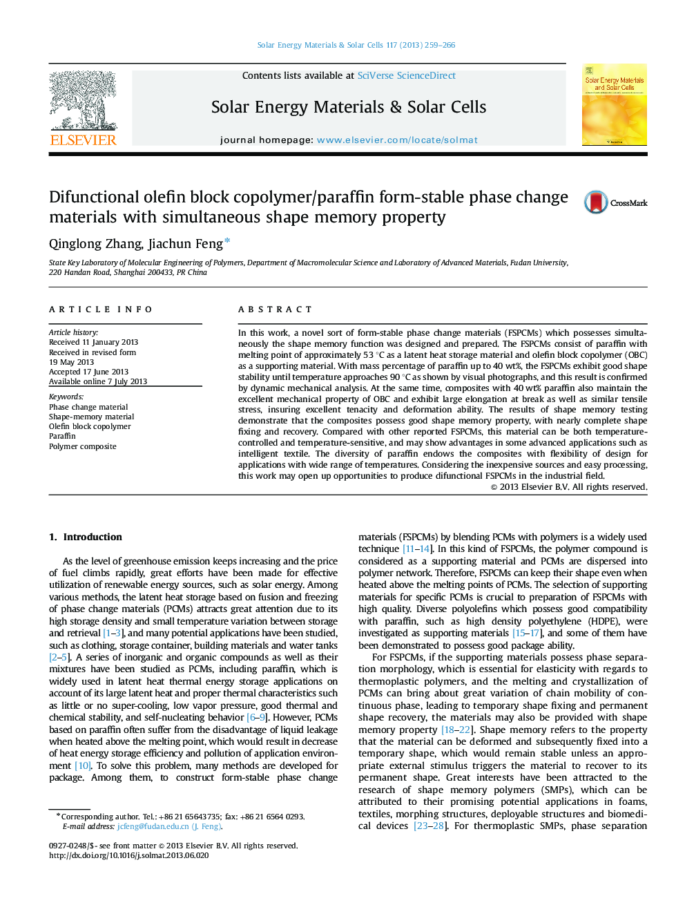 Difunctional olefin block copolymer/paraffin form-stable phase change materials with simultaneous shape memory property