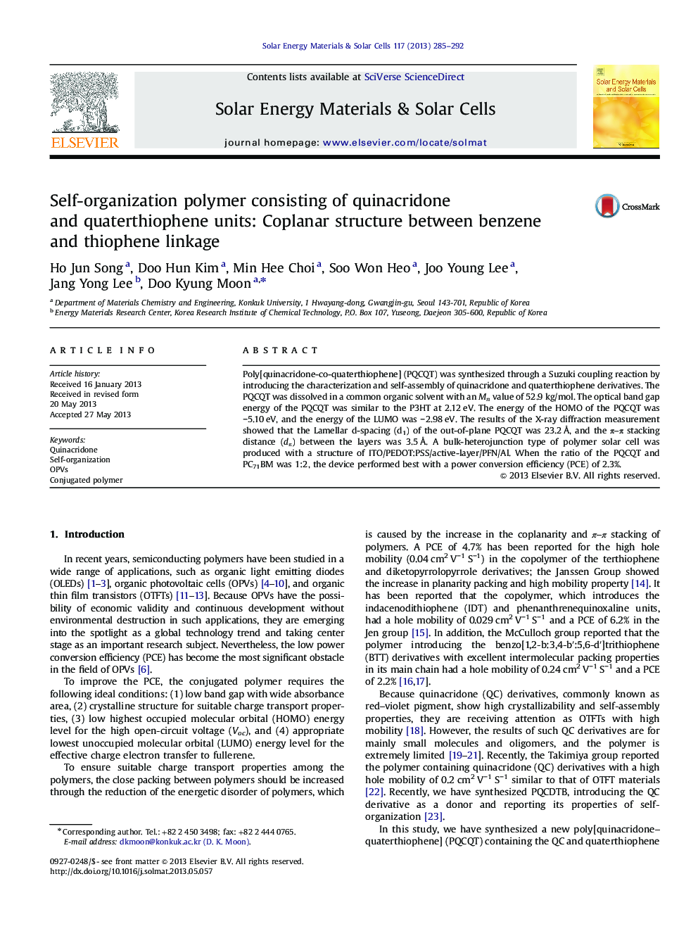 Self-organization polymer consisting of quinacridone and quaterthiophene units: Coplanar structure between benzene and thiophene linkage