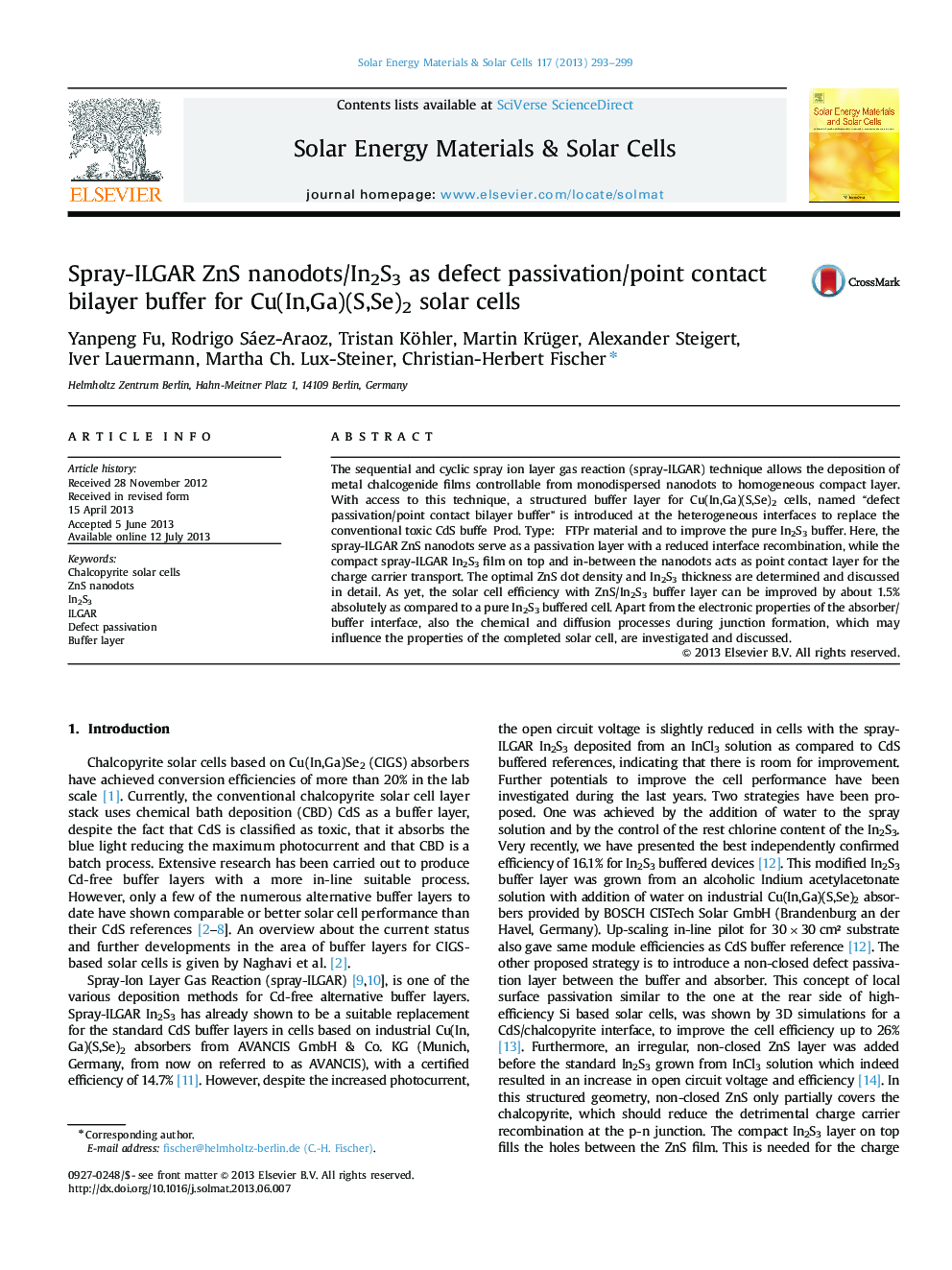 Spray-ILGAR ZnS nanodots/In2S3 as defect passivation/point contact bilayer buffer for Cu(In,Ga)(S,Se)2 solar cells