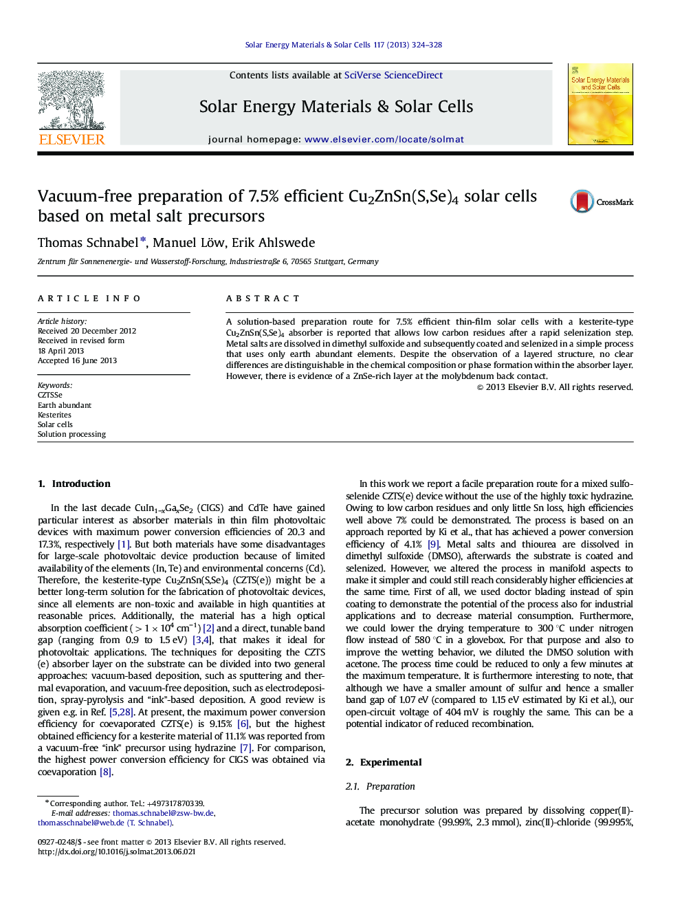 Vacuum-free preparation of 7.5% efficient Cu2ZnSn(S,Se)4 solar cells based on metal salt precursors