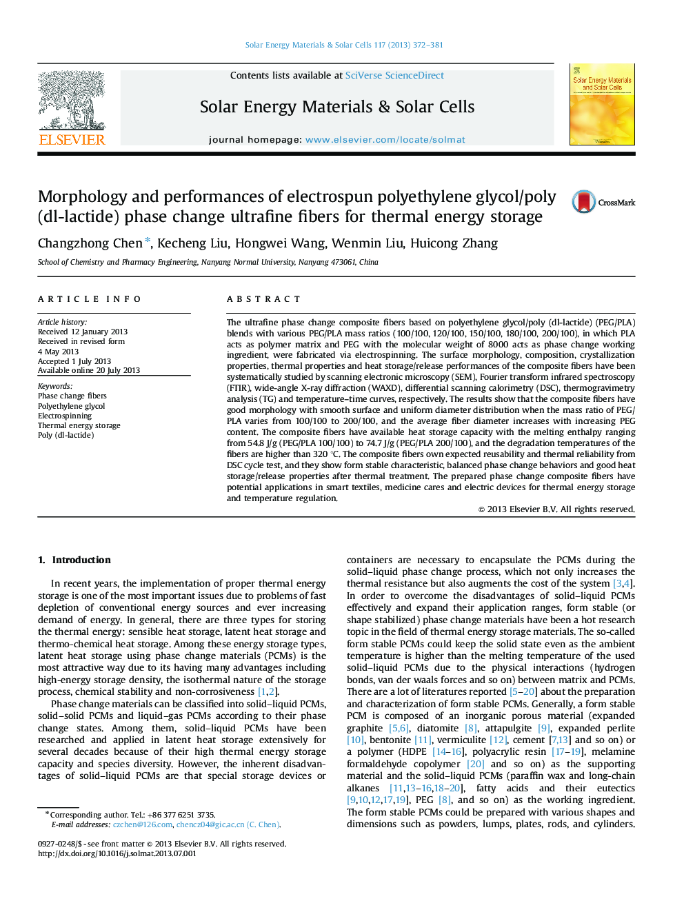 Morphology and performances of electrospun polyethylene glycol/poly (dl-lactide) phase change ultrafine fibers for thermal energy storage