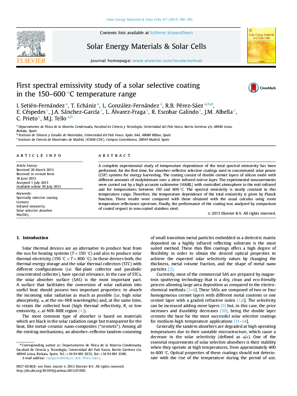 First spectral emissivity study of a solar selective coating in the 150-600Â Â°C temperature range