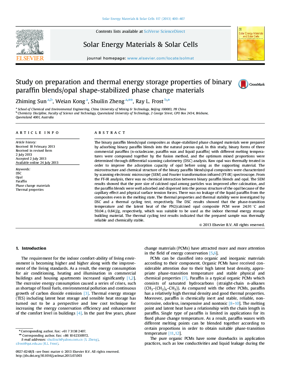 Study on preparation and thermal energy storage properties of binary paraffin blends/opal shape-stabilized phase change materials