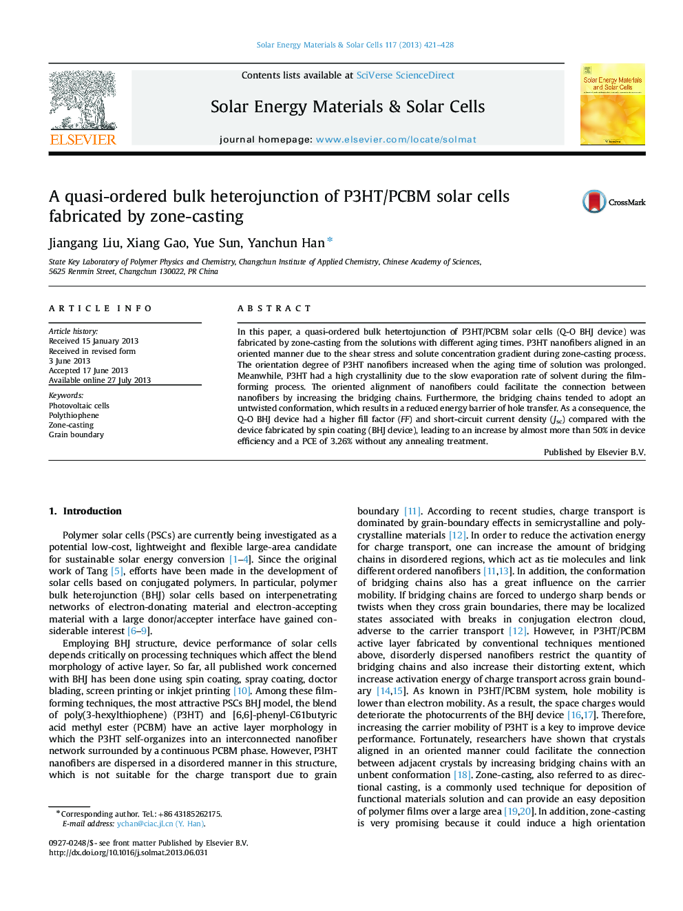 A quasi-ordered bulk heterojunction of P3HT/PCBM solar cells fabricated by zone-casting