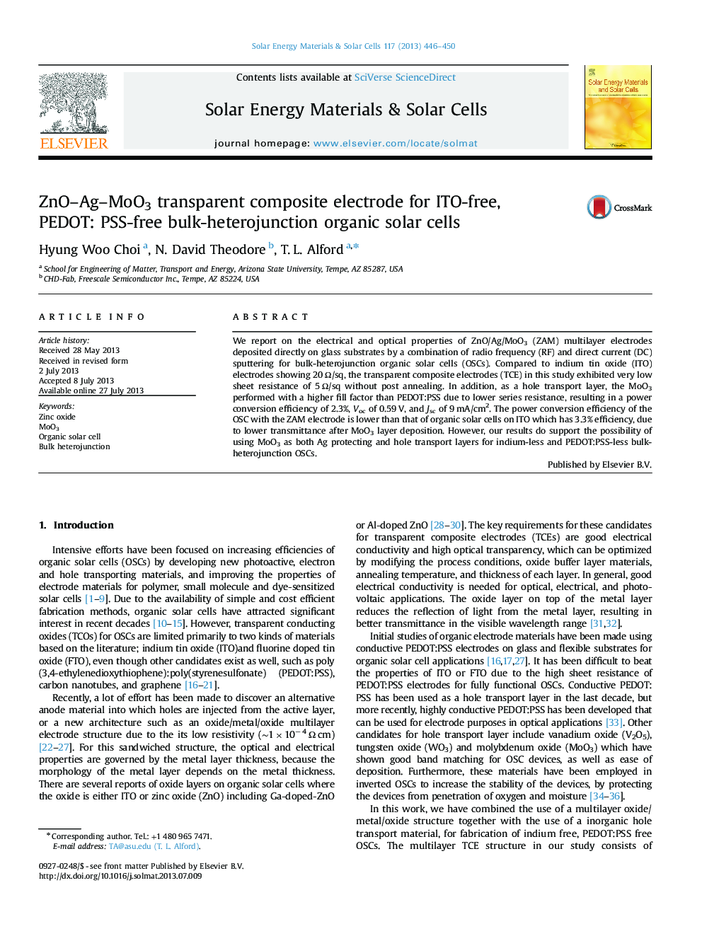 ZnO-Ag-MoO3 transparent composite electrode for ITO-free, PEDOT: PSS-free bulk-heterojunction organic solar cells