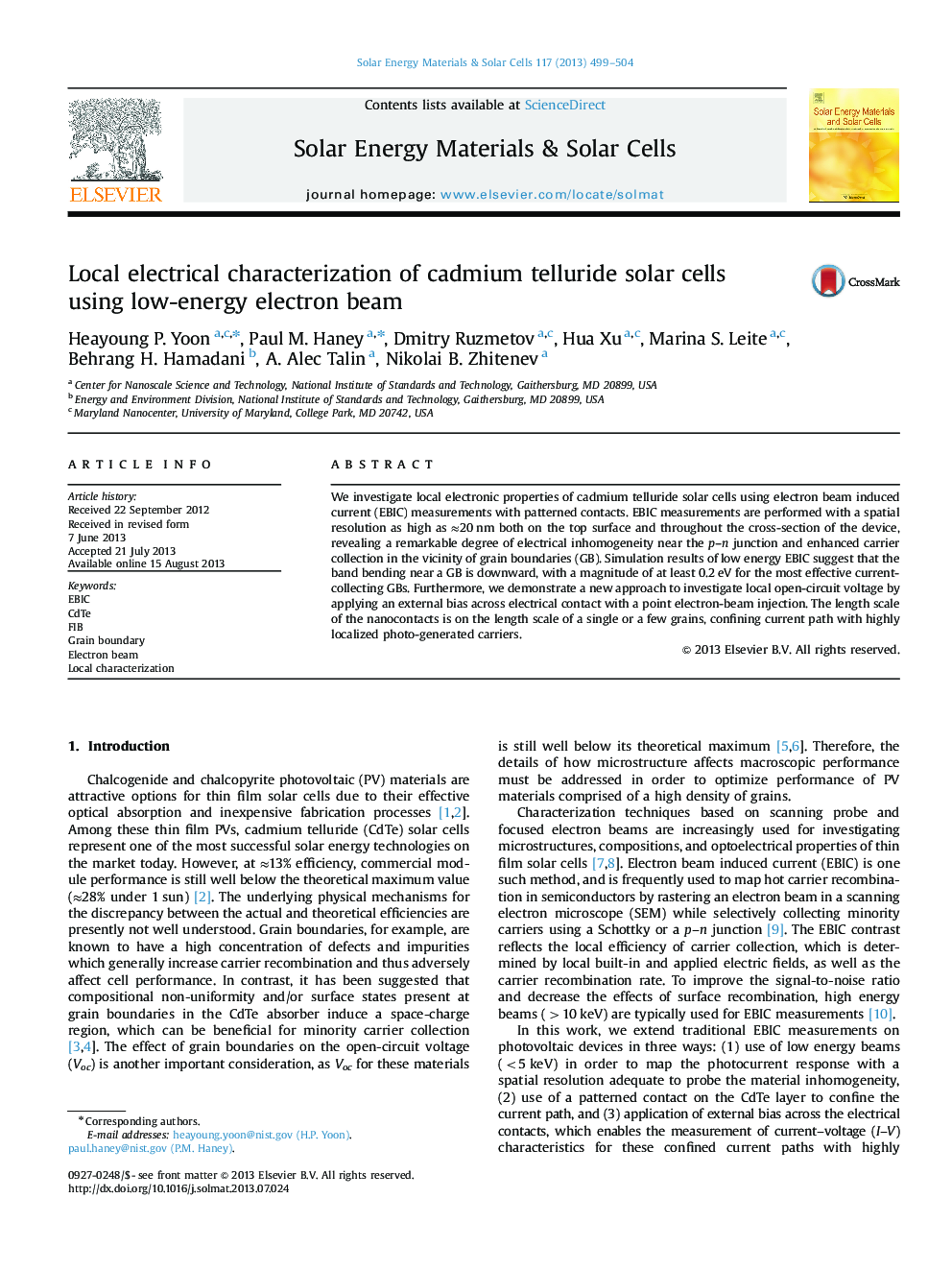 Local electrical characterization of cadmium telluride solar cells using low-energy electron beam