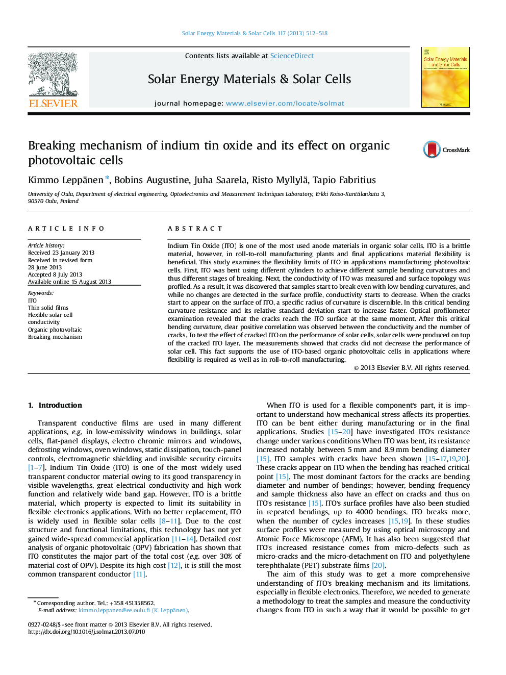 Breaking mechanism of indium tin oxide and its effect on organic photovoltaic cells