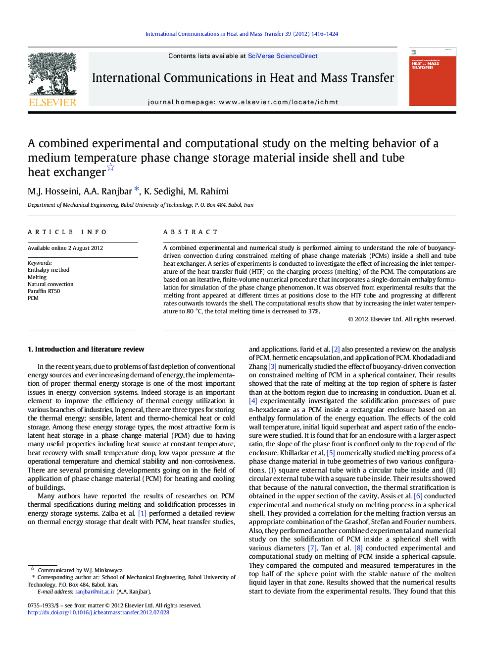 A combined experimental and computational study on the melting behavior of a medium temperature phase change storage material inside shell and tube heat exchanger 