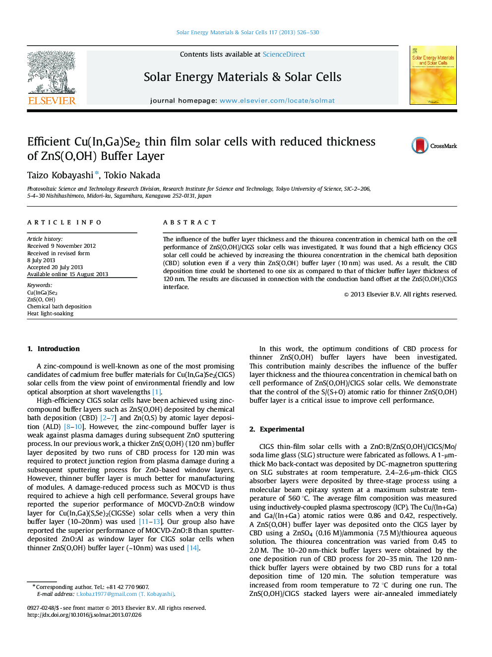 Efficient Cu(In,Ga)Se2 thin film solar cells with reduced thickness of ZnS(O,OH) Buffer Layer