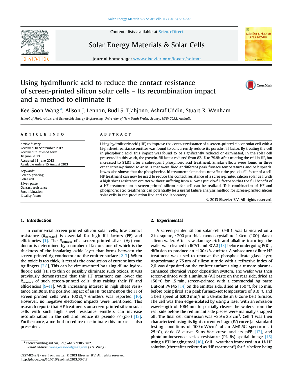 Using hydrofluoric acid to reduce the contact resistance of screen-printed silicon solar cells - Its recombination impact and a method to eliminate it