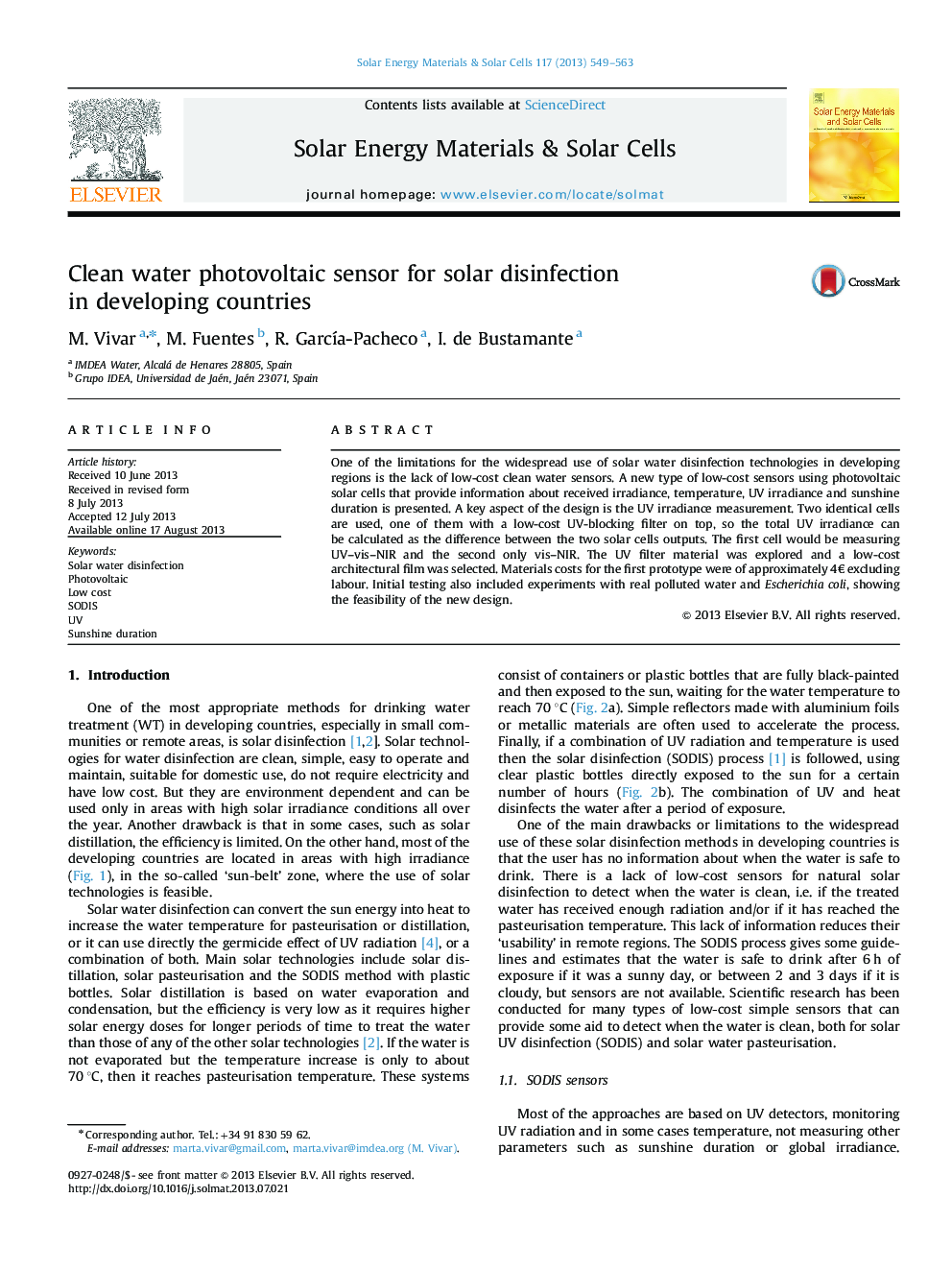 Clean water photovoltaic sensor for solar disinfection in developing countries
