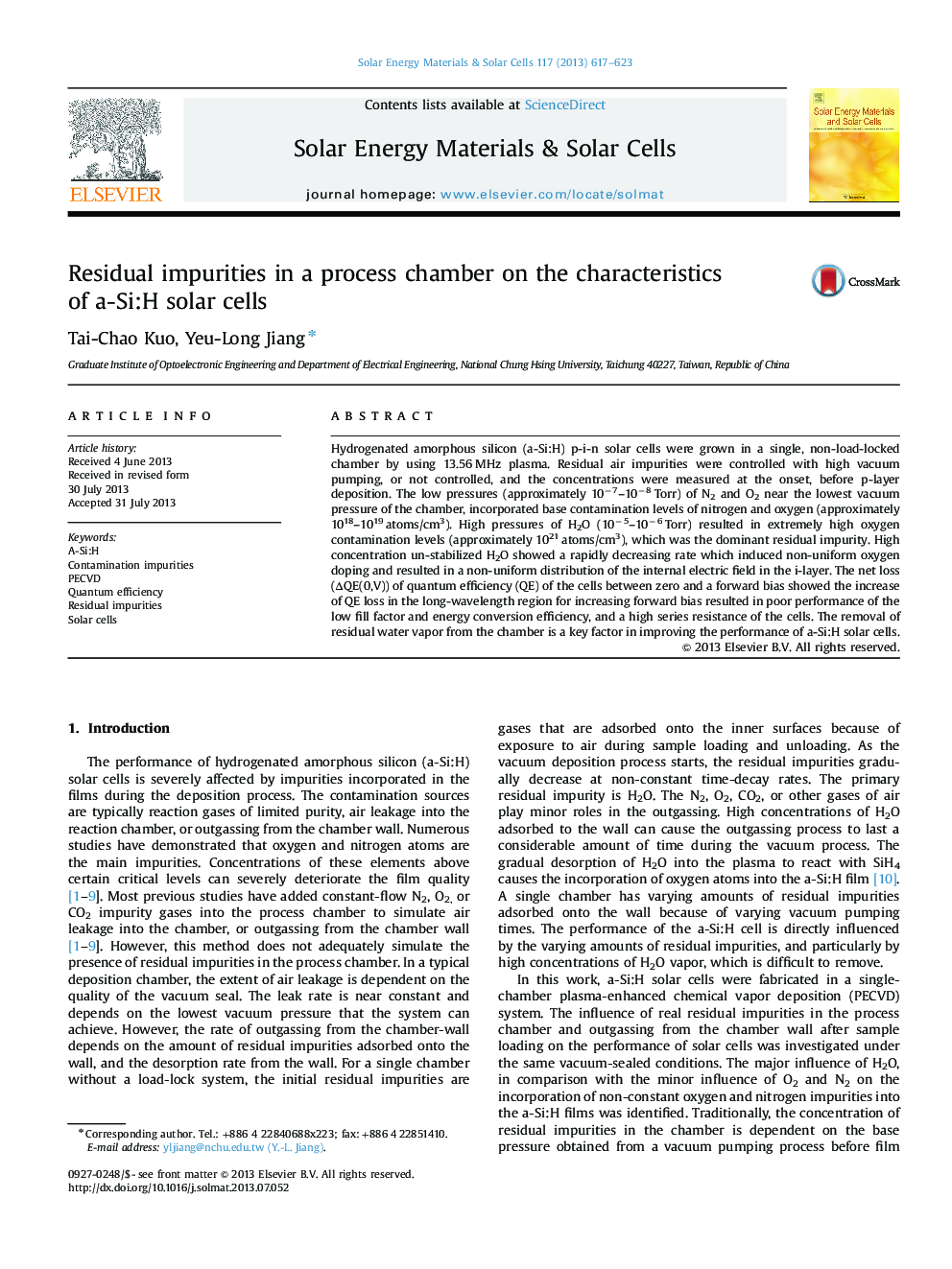 Residual impurities in a process chamber on the characteristics of a-Si:H solar cells