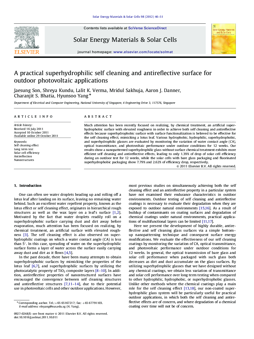 A practical superhydrophilic self cleaning and antireflective surface for outdoor photovoltaic applications