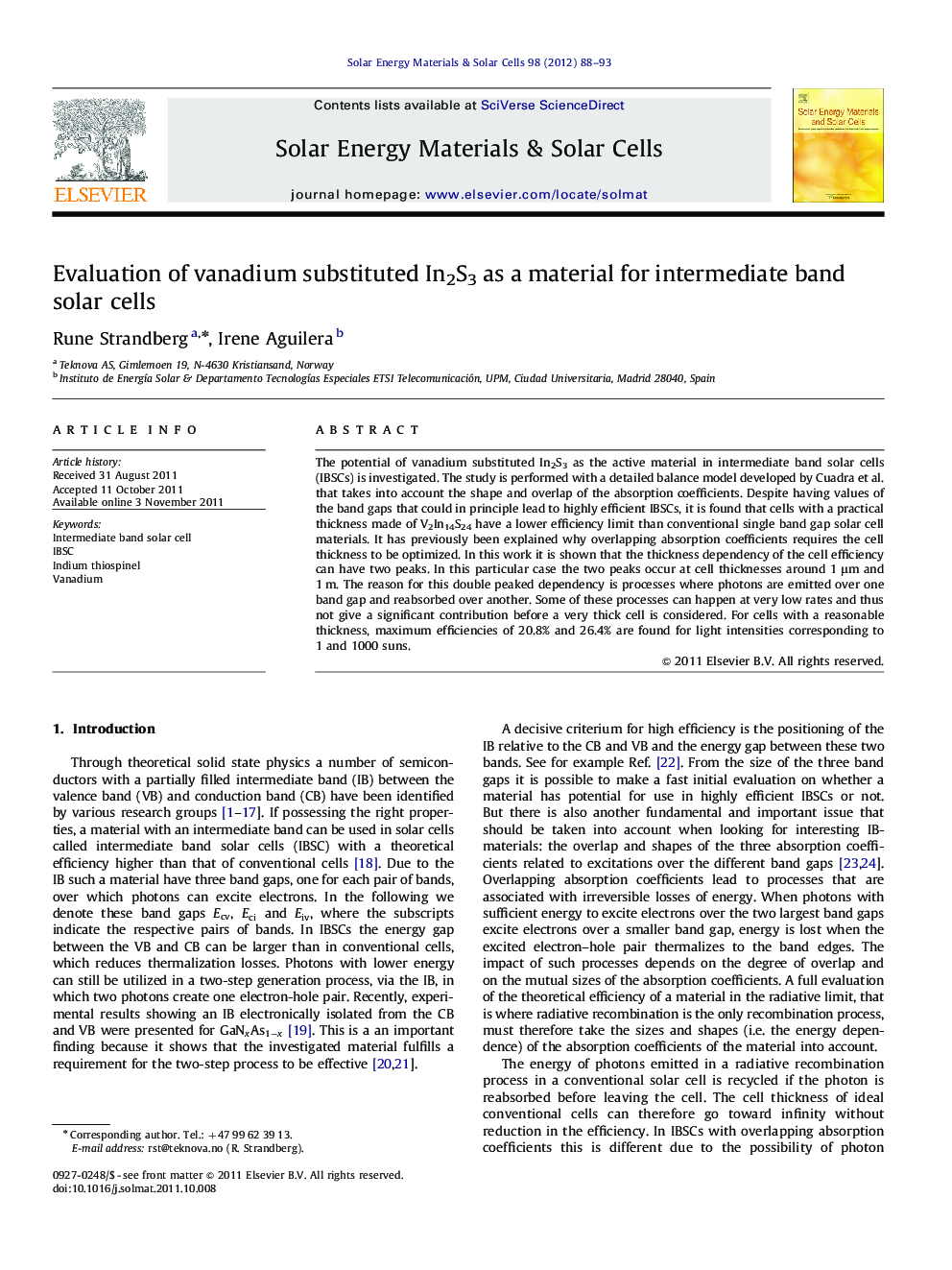 Evaluation of vanadium substituted In2S3 as a material for intermediate band solar cells