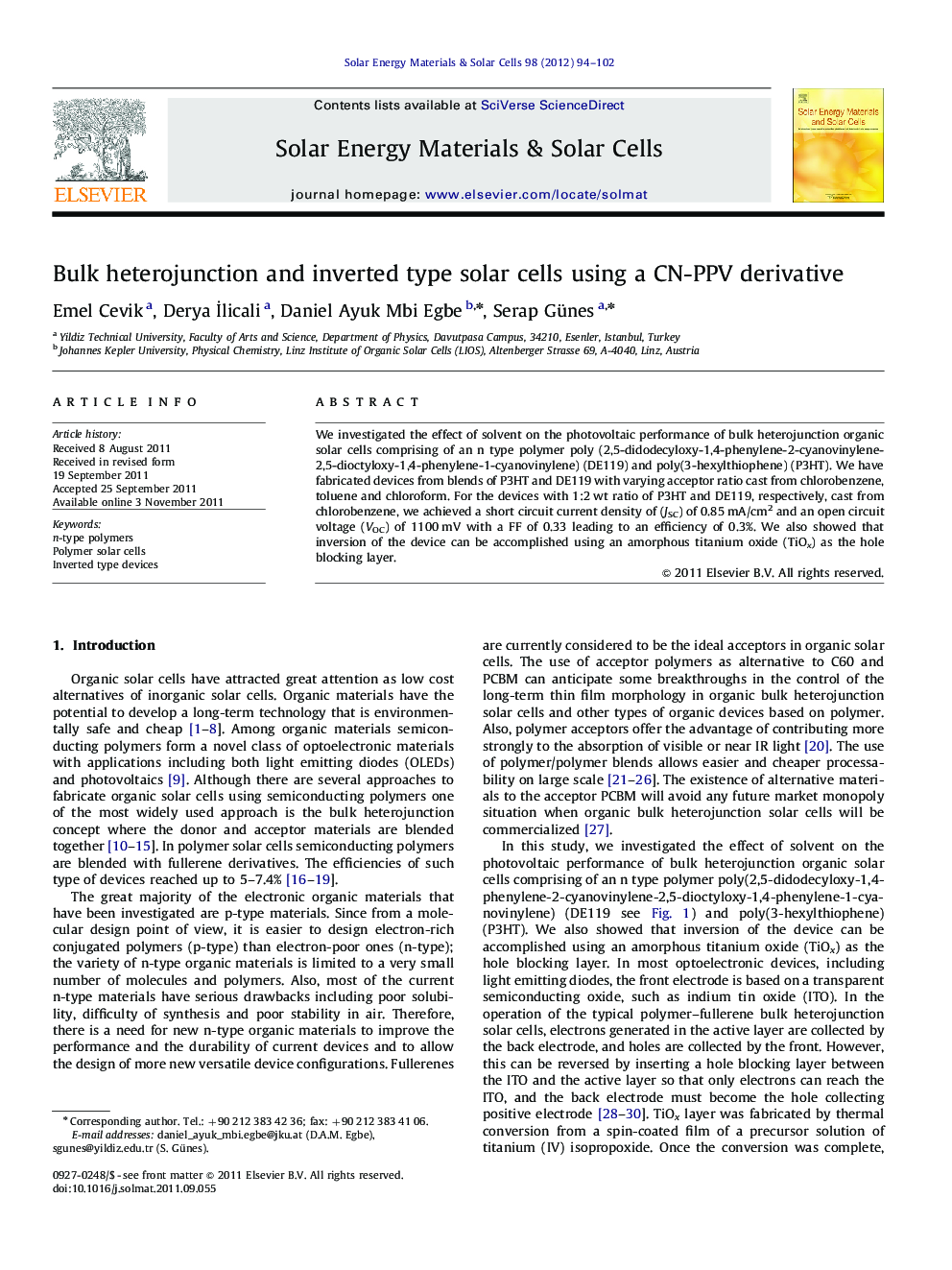 Bulk heterojunction and inverted type solar cells using a CN-PPV derivative