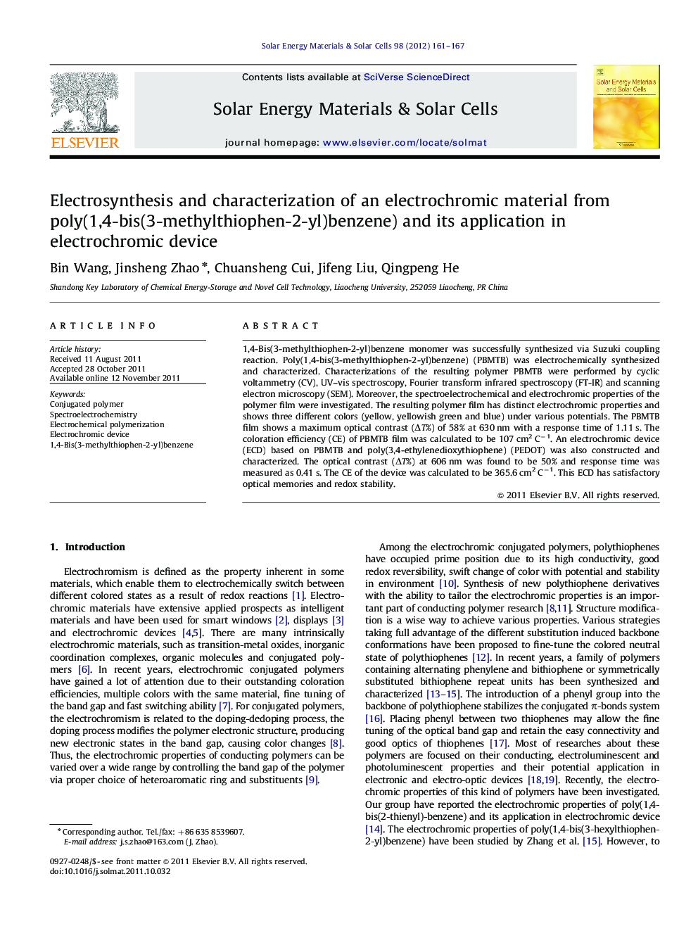 Electrosynthesis and characterization of an electrochromic material from poly(1,4-bis(3-methylthiophen-2-yl)benzene) and its application in electrochromic device