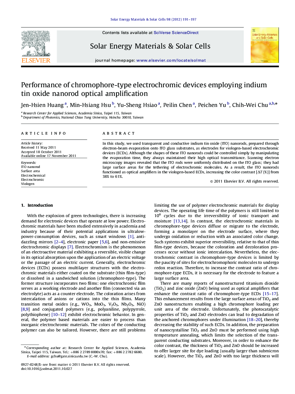 Performance of chromophore-type electrochromic devices employing indium tin oxide nanorod optical amplification