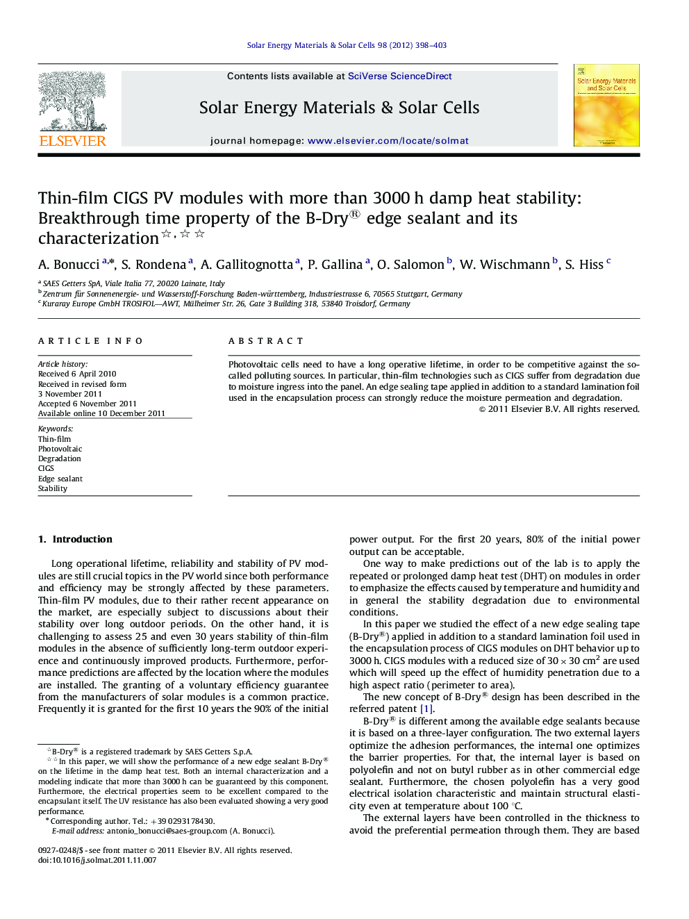 Thin-film CIGS PV modules with more than 3000Â h damp heat stability: Breakthrough time property of the B-Dry® edge sealant and its characterization