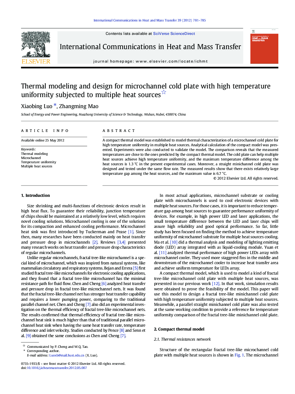 Thermal modeling and design for microchannel cold plate with high temperature uniformity subjected to multiple heat sources 