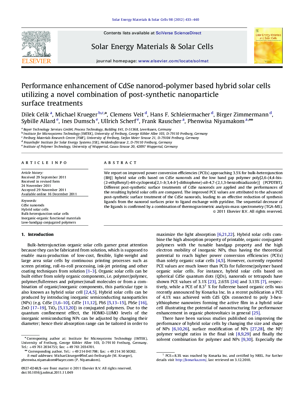 Performance enhancement of CdSe nanorod-polymer based hybrid solar cells utilizing a novel combination of post-synthetic nanoparticle surface treatments