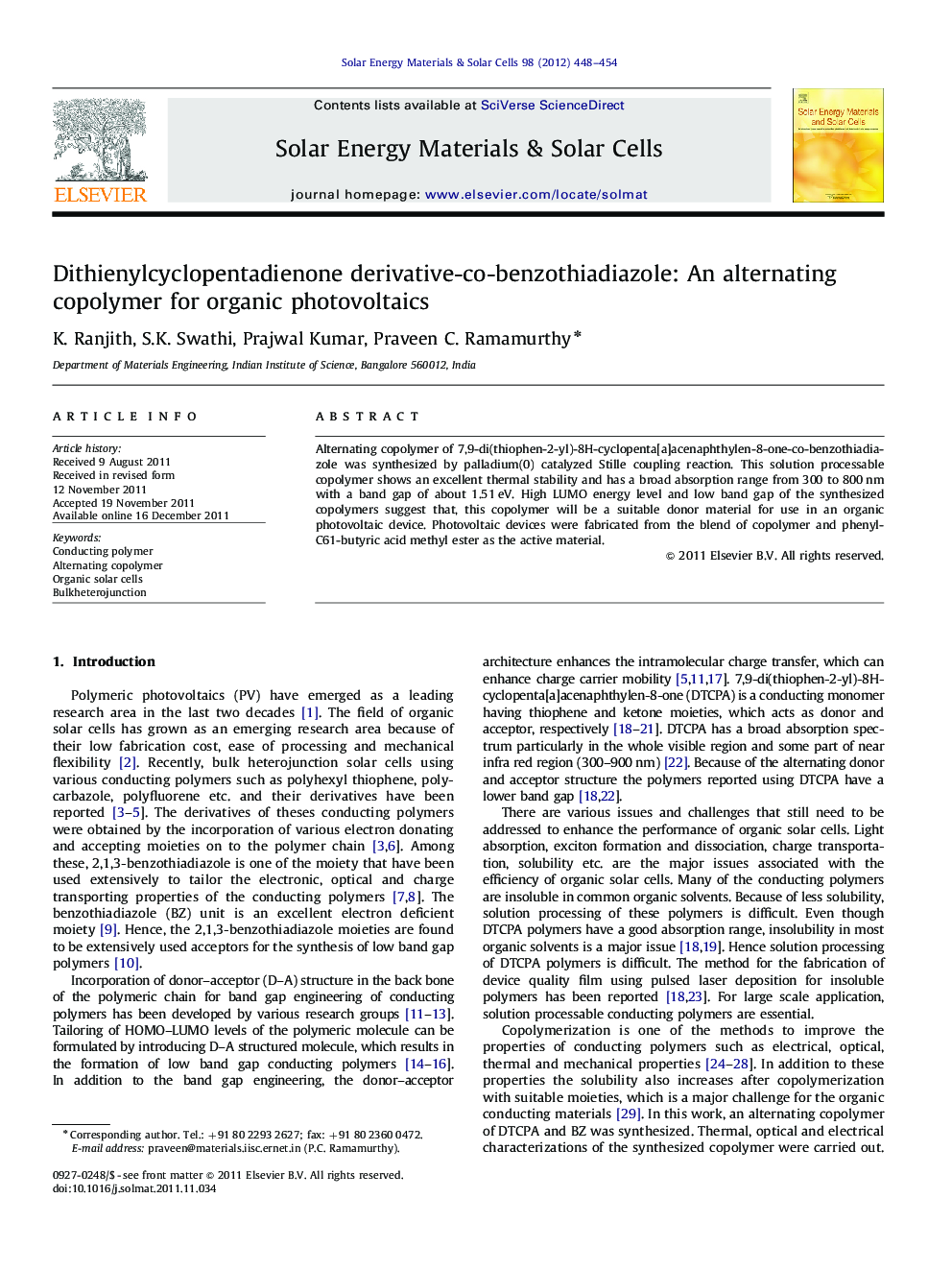 Dithienylcyclopentadienone derivative-co-benzothiadiazole: An alternating copolymer for organic photovoltaics