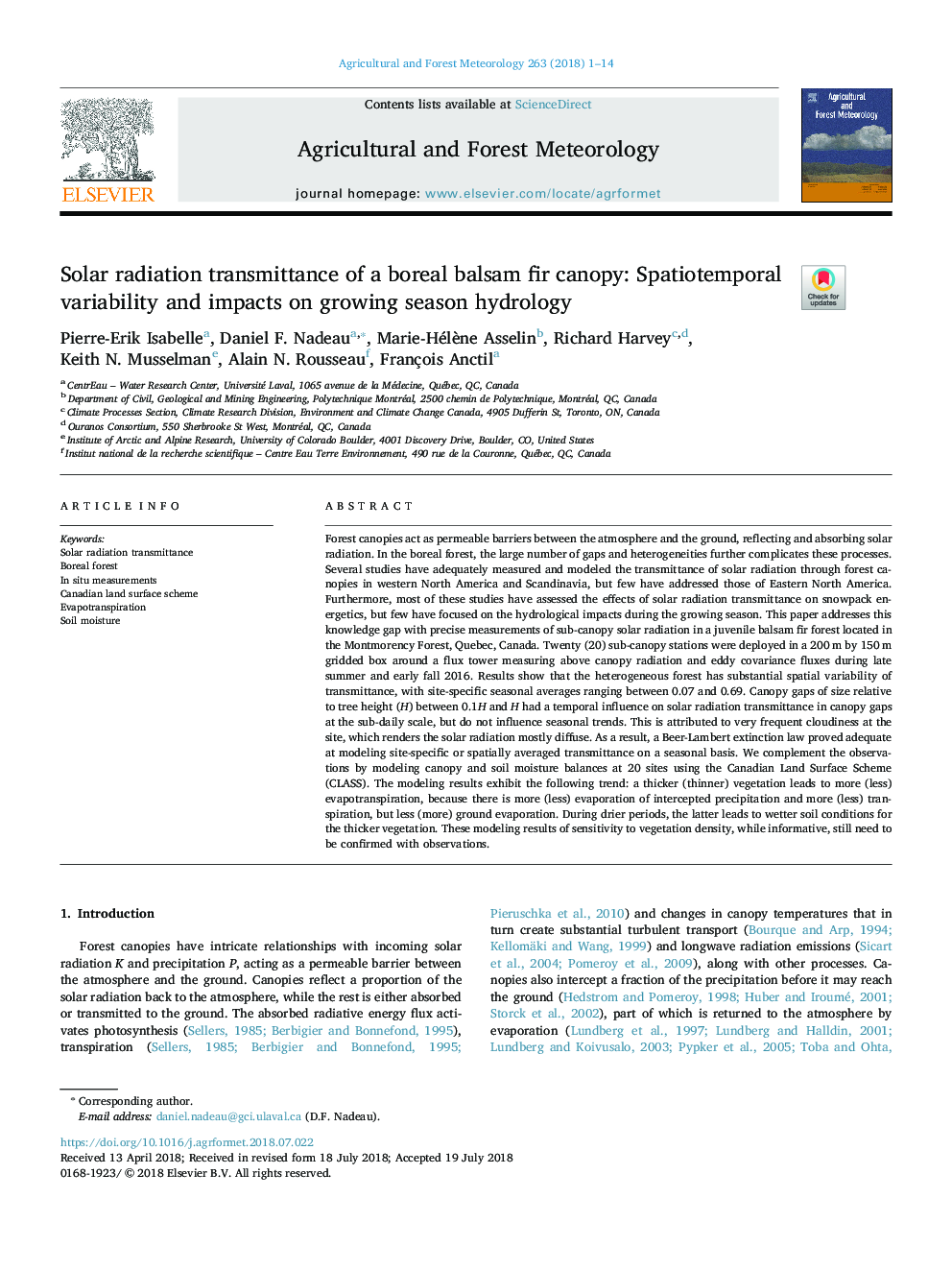 Solar radiation transmittance of a boreal balsam fir canopy: Spatiotemporal variability and impacts on growing season hydrology