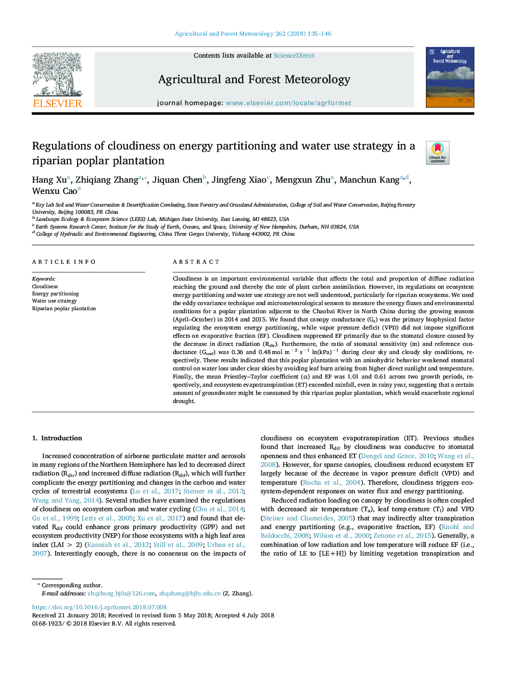 Regulations of cloudiness on energy partitioning and water use strategy in a riparian poplar plantation