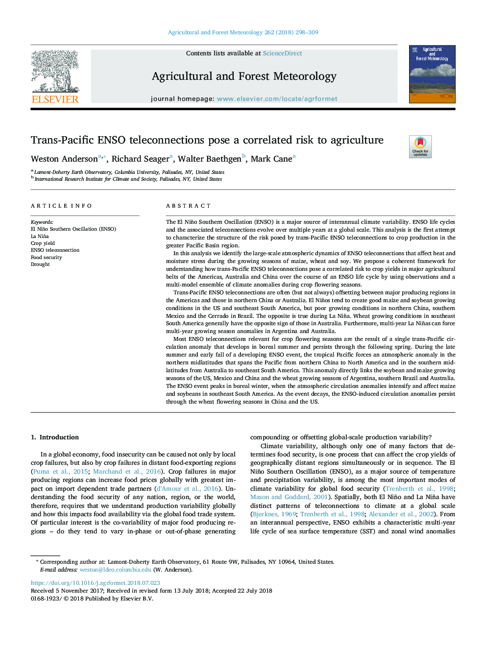 Trans-Pacific ENSO teleconnections pose a correlated risk to agriculture