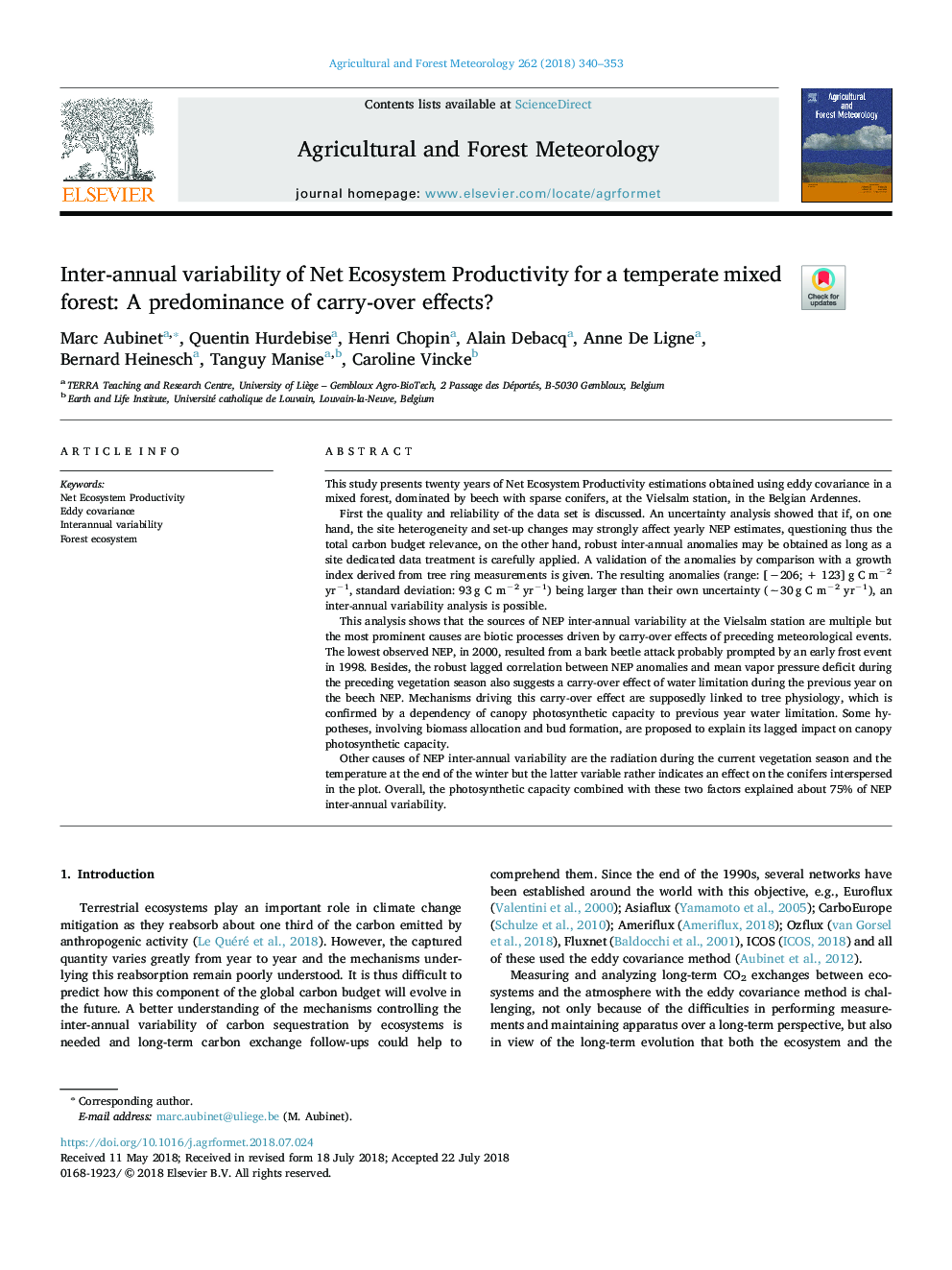 Inter-annual variability of Net Ecosystem Productivity for a temperate mixed forest: A predominance of carry-over effects?