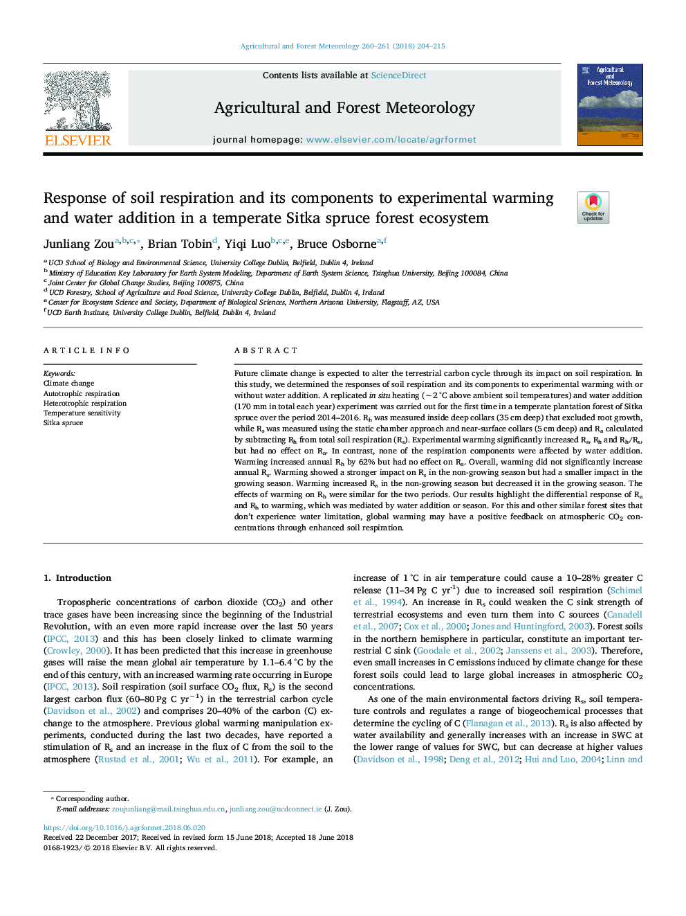 Response of soil respiration and its components to experimental warming and water addition in a temperate Sitka spruce forest ecosystem