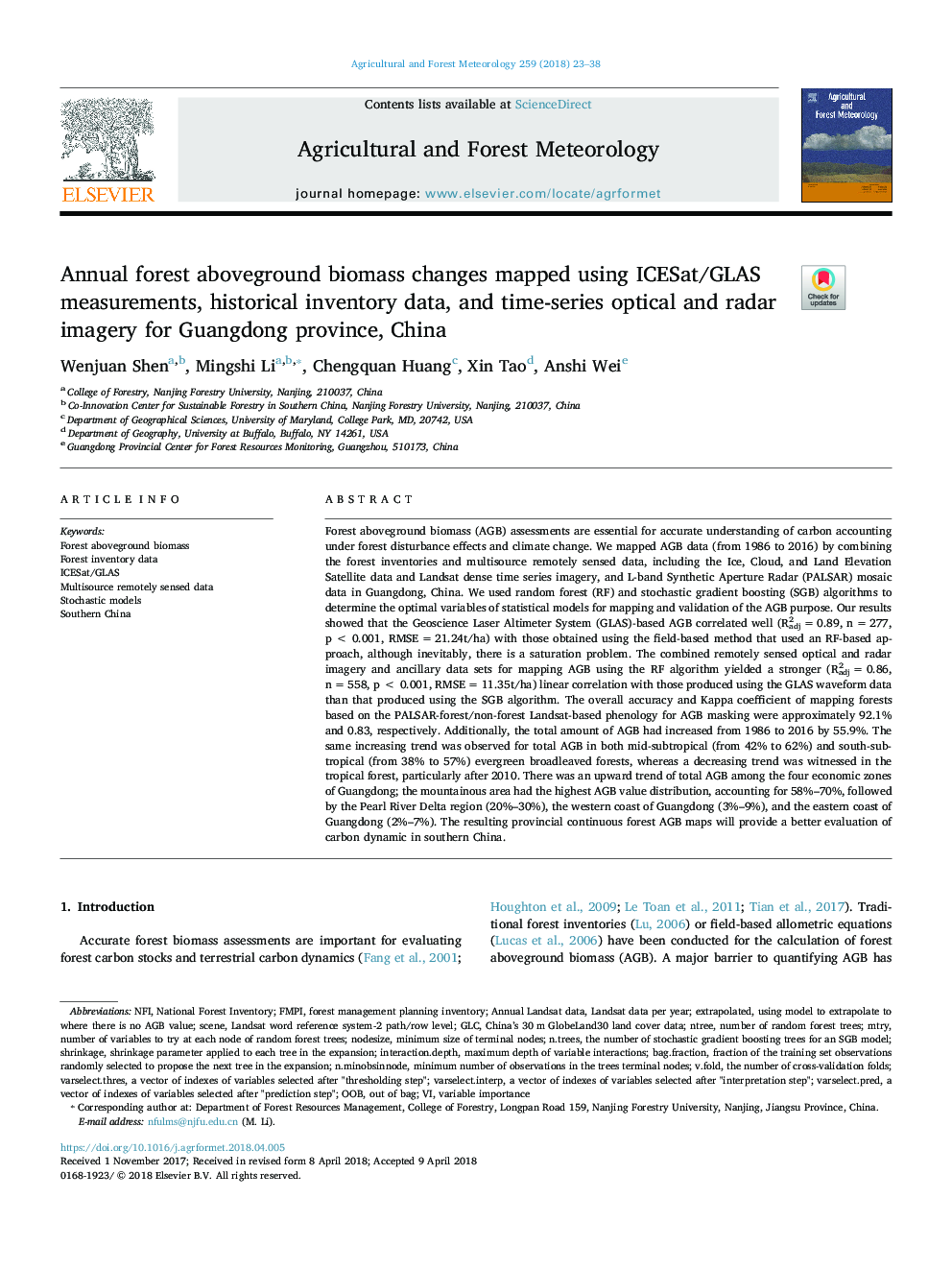 Annual forest aboveground biomass changes mapped using ICESat/GLAS measurements, historical inventory data, and time-series optical and radar imagery for Guangdong province, China