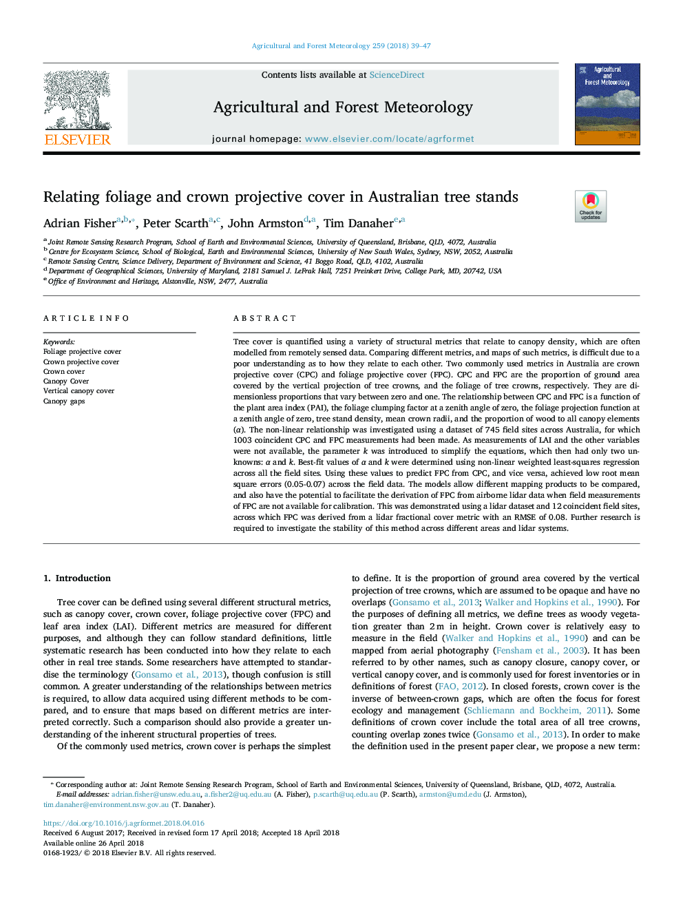 Relating foliage and crown projective cover in Australian tree stands