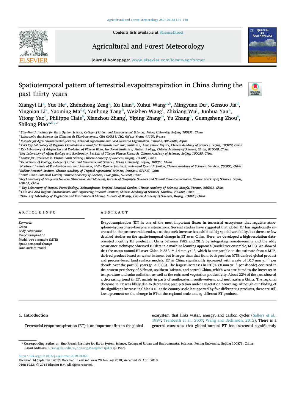 Spatiotemporal pattern of terrestrial evapotranspiration in China during the past thirty years