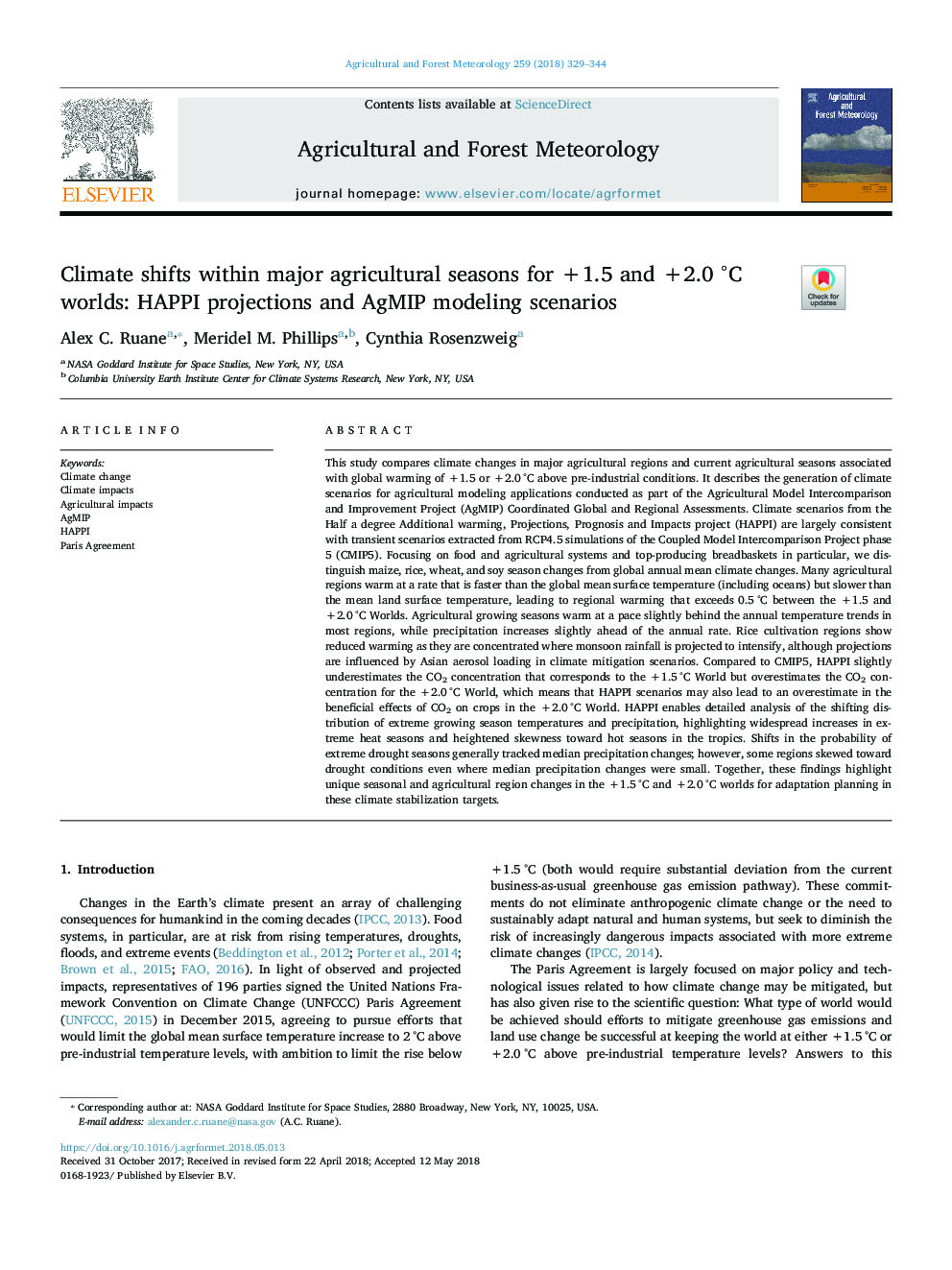 Climate shifts within major agricultural seasons for +1.5 and +2.0 Â°C worlds: HAPPI projections and AgMIP modeling scenarios