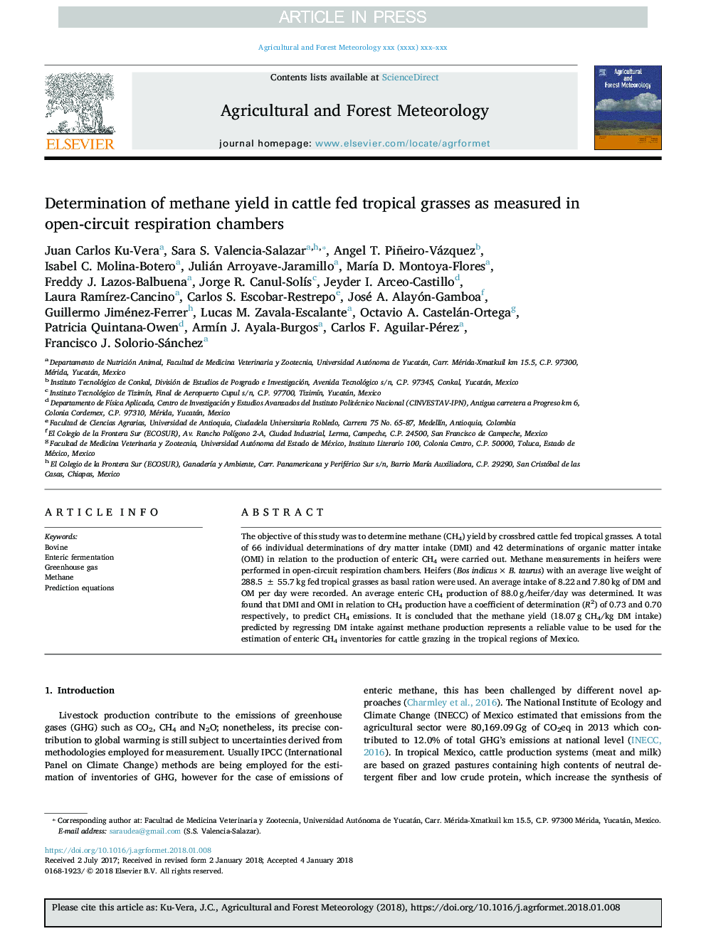 Determination of methane yield in cattle fed tropical grasses as measured in open-circuit respiration chambers