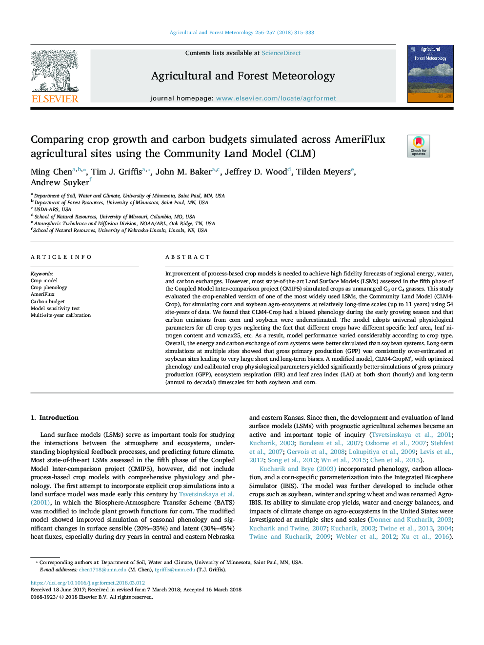 Comparing crop growth and carbon budgets simulated across AmeriFlux agricultural sites using the Community Land Model (CLM)