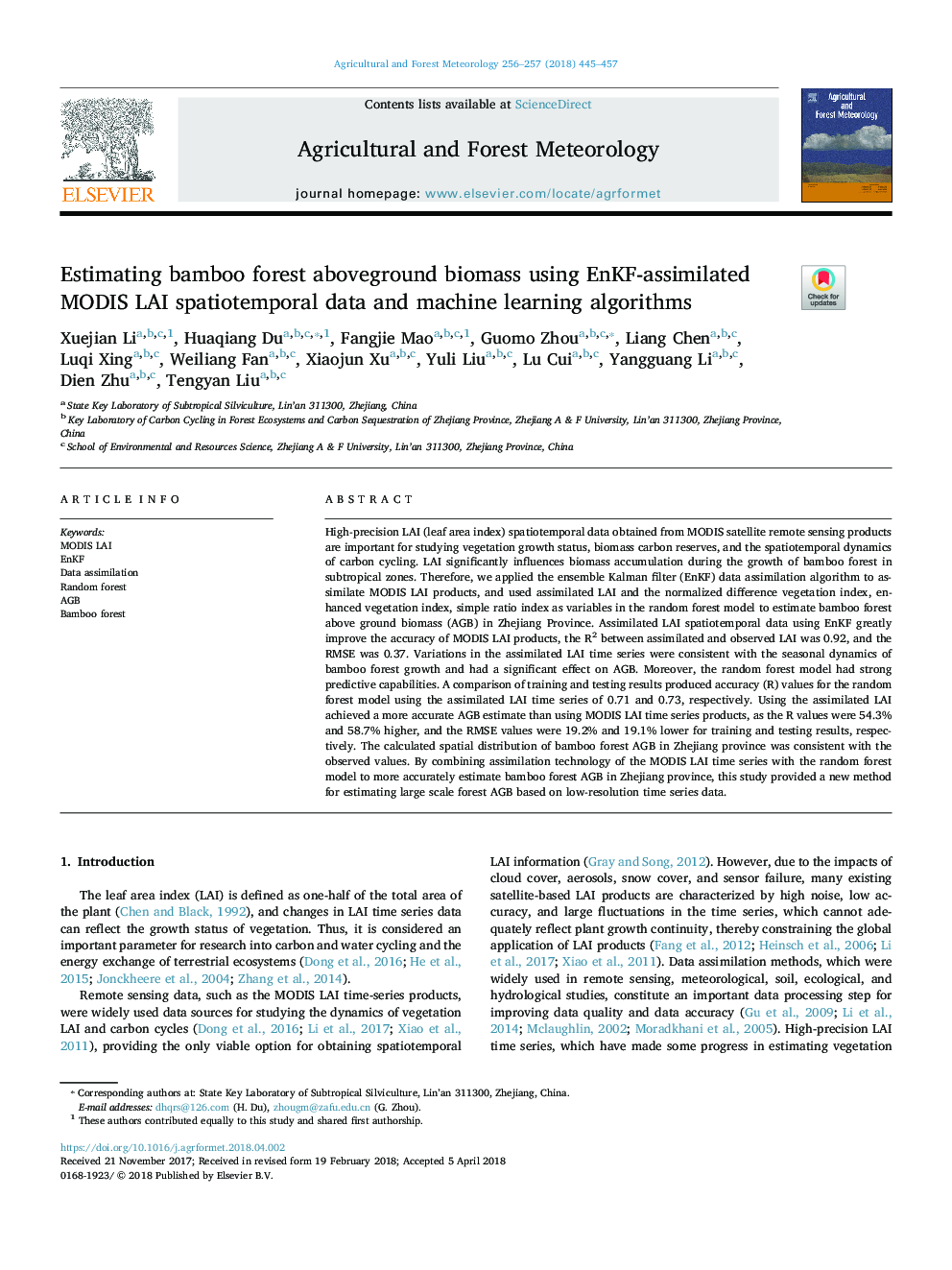 Estimating bamboo forest aboveground biomass using EnKF-assimilated MODIS LAI spatiotemporal data and machine learning algorithms