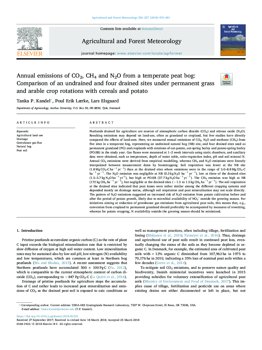 Annual emissions of CO2, CH4 and N2O from a temperate peat bog: Comparison of an undrained and four drained sites under permanent grass and arable crop rotations with cereals and potato