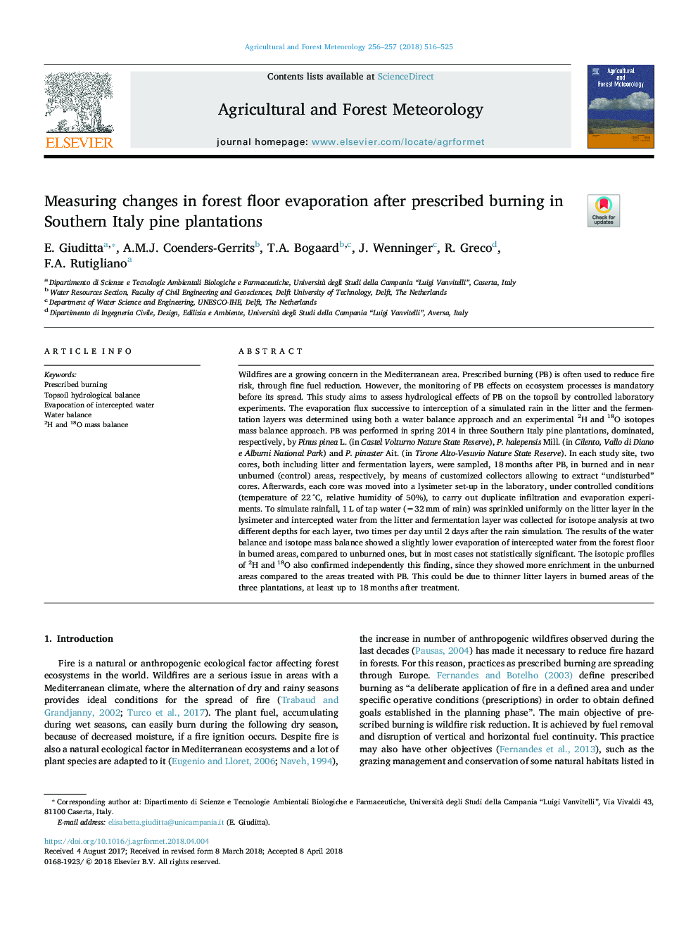 Measuring changes in forest floor evaporation after prescribed burning in Southern Italy pine plantations