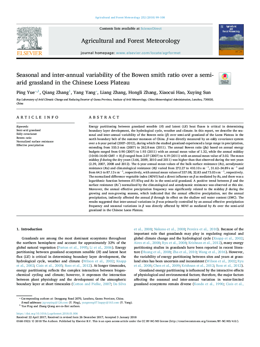 Seasonal and inter-annual variability of the Bowen smith ratio over a semi-arid grassland in the Chinese Loess Plateau