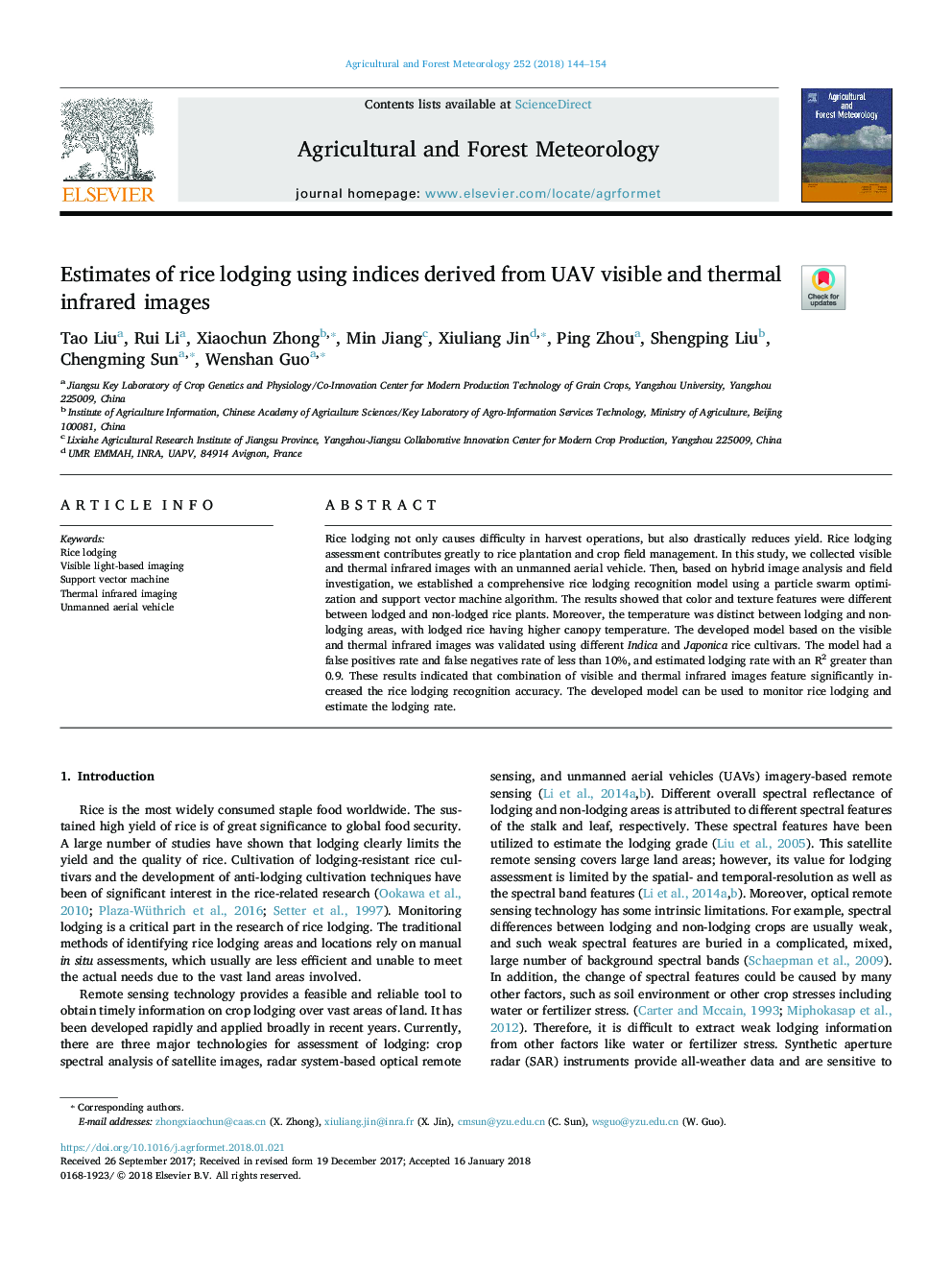 Estimates of rice lodging using indices derived from UAV visible and thermal infrared images