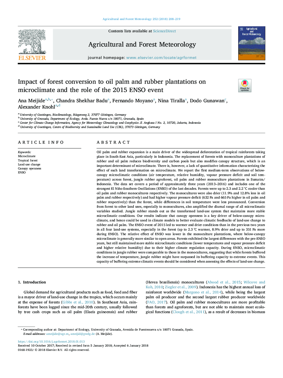 Impact of forest conversion to oil palm and rubber plantations on microclimate and the role of the 2015 ENSO event