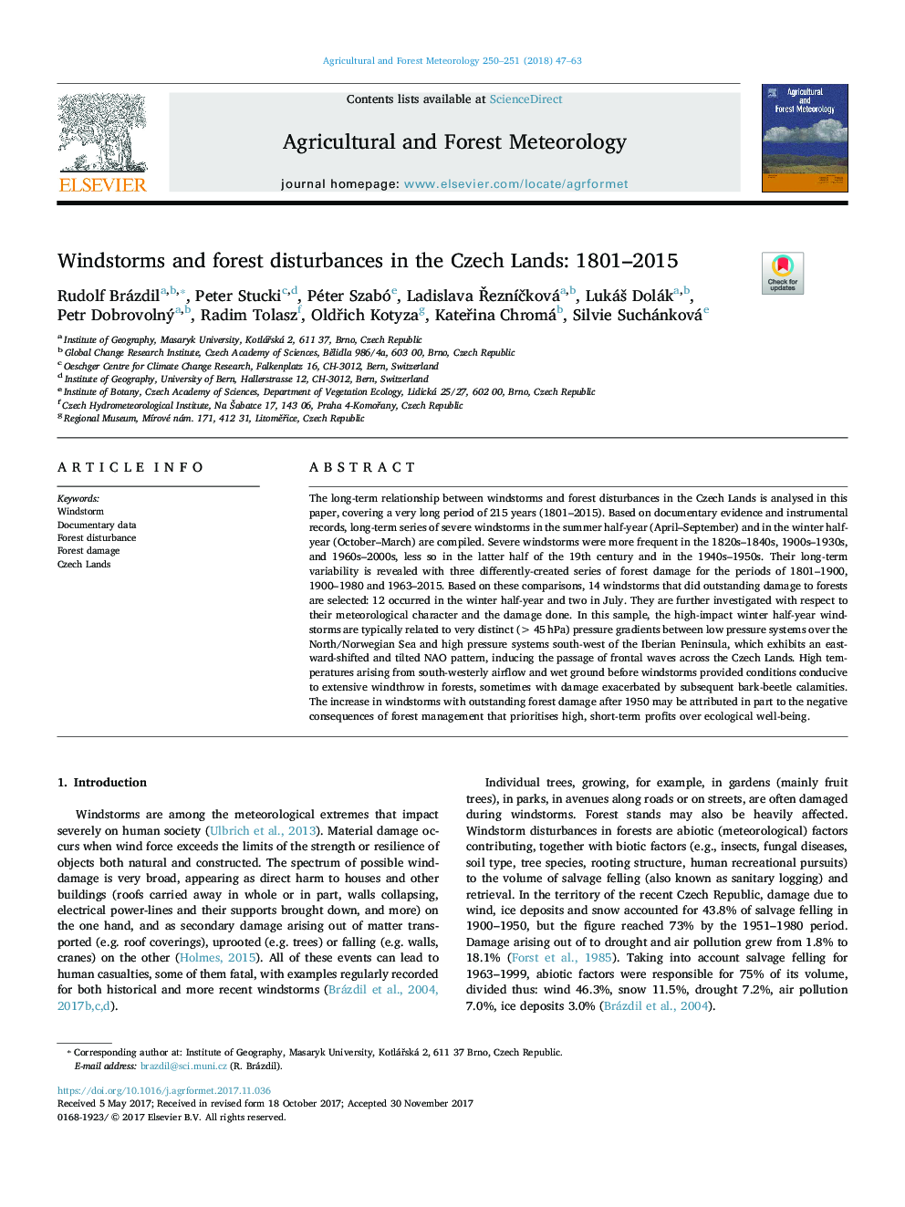 Windstorms and forest disturbances in the Czech Lands: 1801-2015