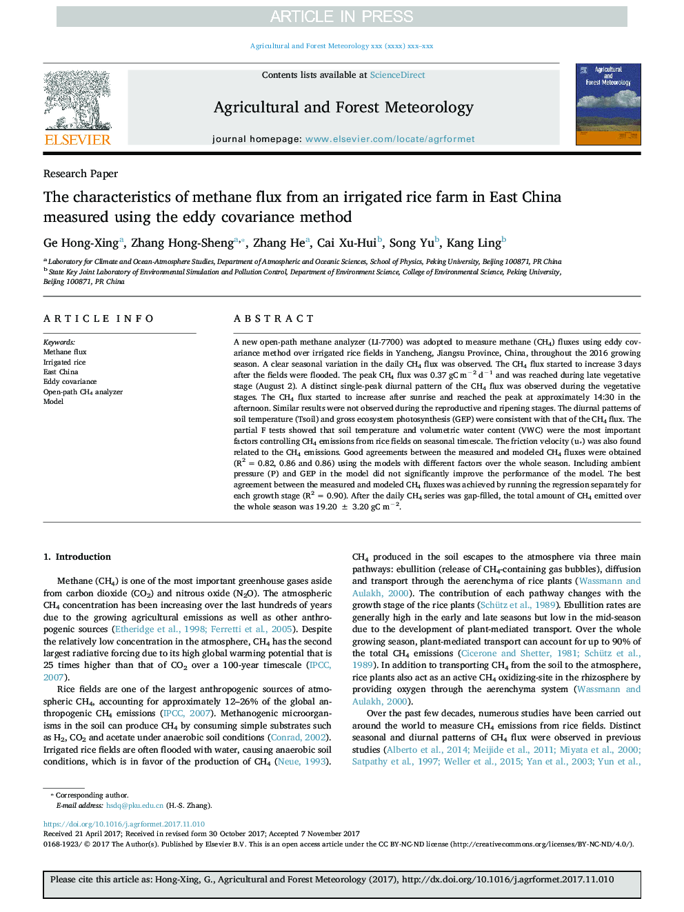 The characteristics of methane flux from an irrigated rice farm in East China measured using the eddy covariance method