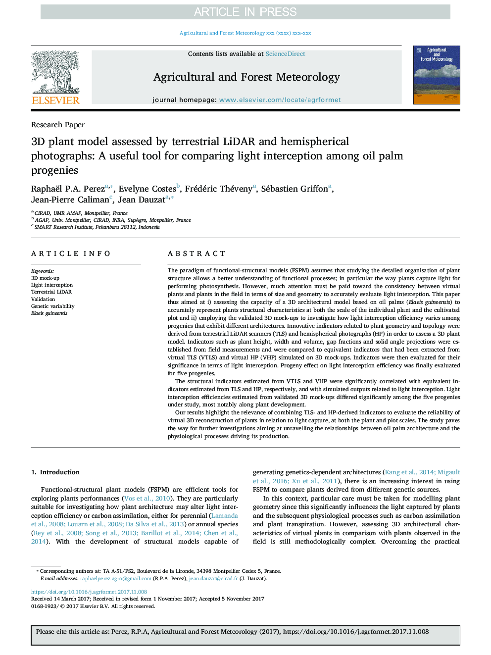 3D plant model assessed by terrestrial LiDAR and hemispherical photographs: A useful tool for comparing light interception among oil palm progenies