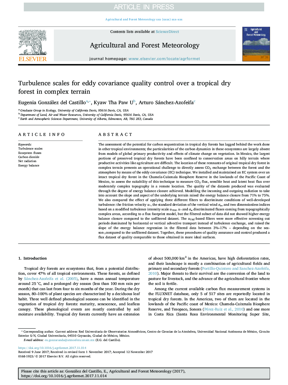 Turbulence scales for eddy covariance quality control over a tropical dry forest in complex terrain