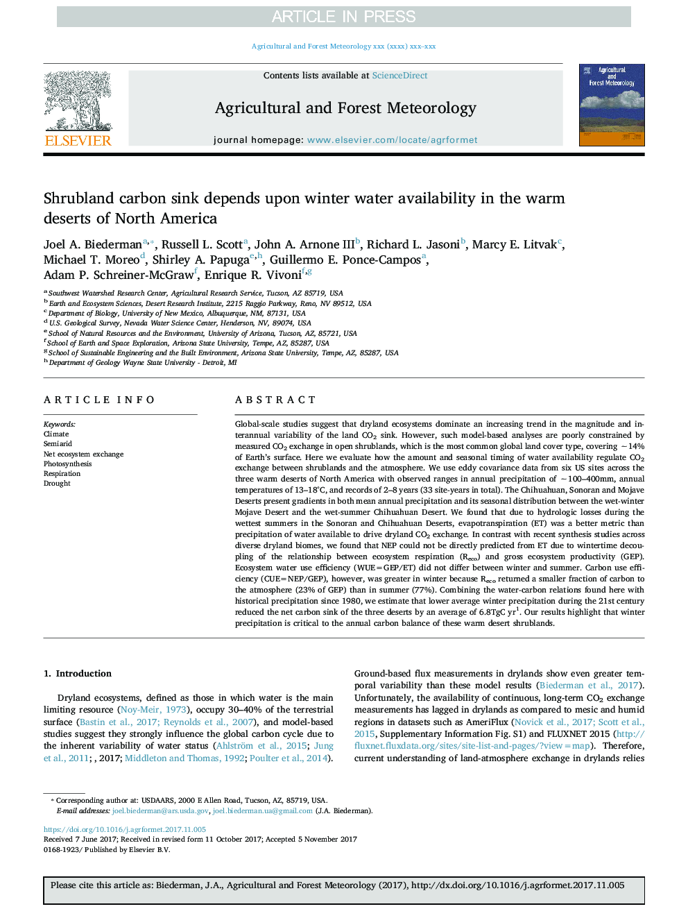 Shrubland carbon sink depends upon winter water availability in the warm deserts of North America