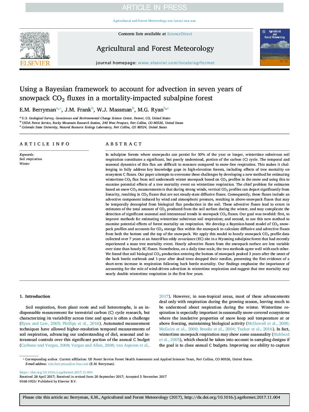 Using a Bayesian framework to account for advection in seven years of snowpack CO2 fluxes in a mortality-impacted subalpine forest